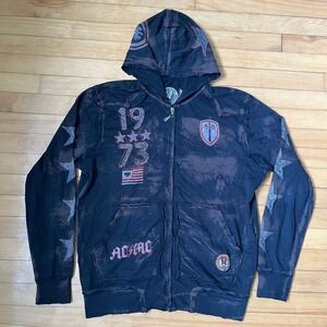 Affliction American Customs Zip Up Hoodie Black Brown Acid Wash Star Sleeve XL